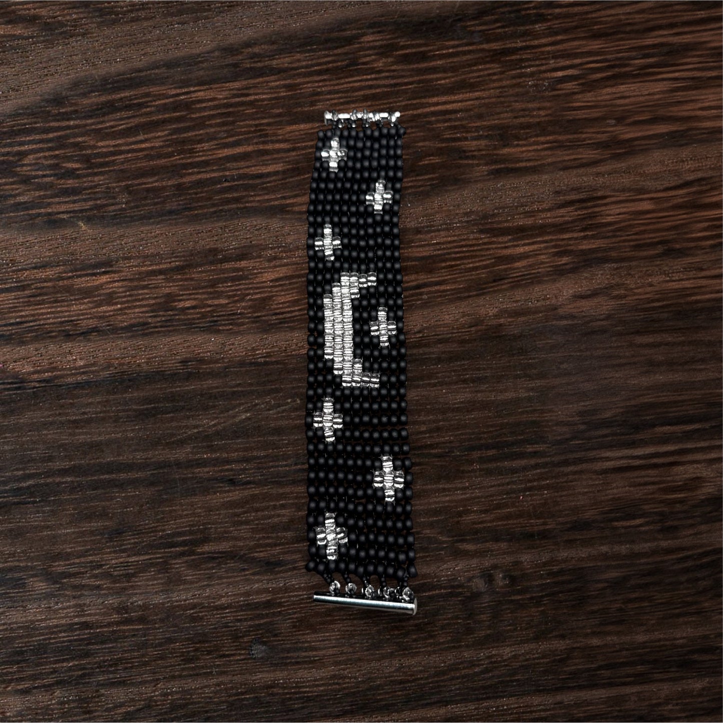 Moon and Stars Glass Beaded Bracelet Black