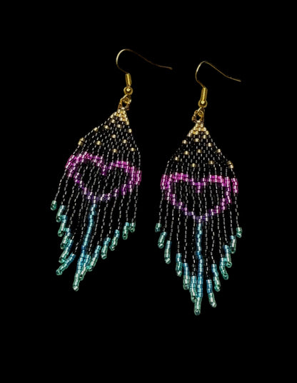 Heart Fringe Metallic Beaded Earrings