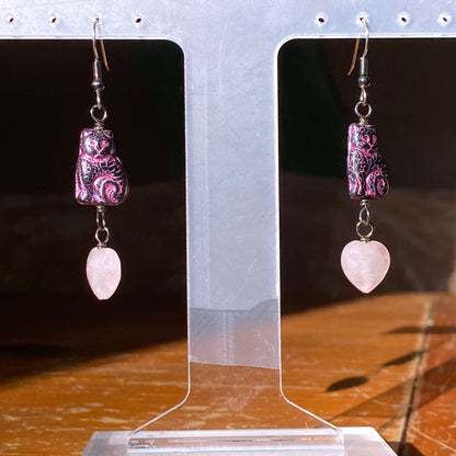 Rose Quartz Gemstone Hearts and Kitty Cat Earrings