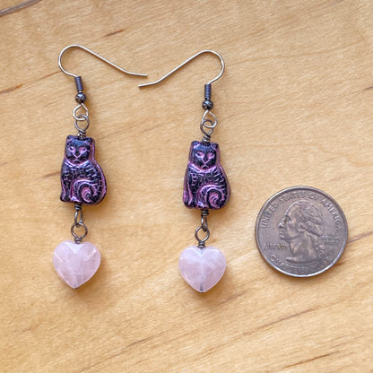 Rose Quartz Gemstone Hearts and Kitty Cat Earrings