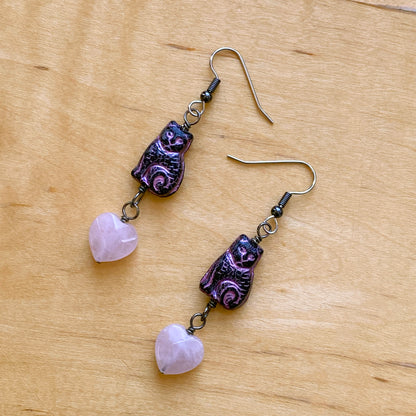 Rose Quartz Gemstone Hearts and Kitty Cat Earrings
