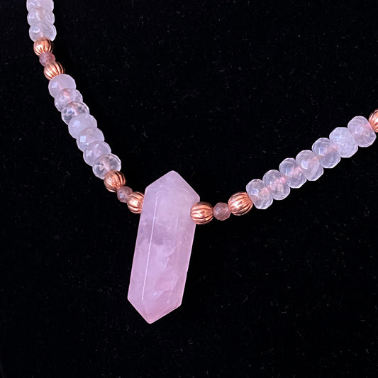 Rose Quartz gemstone and Pink tourmaline large Point Necklace