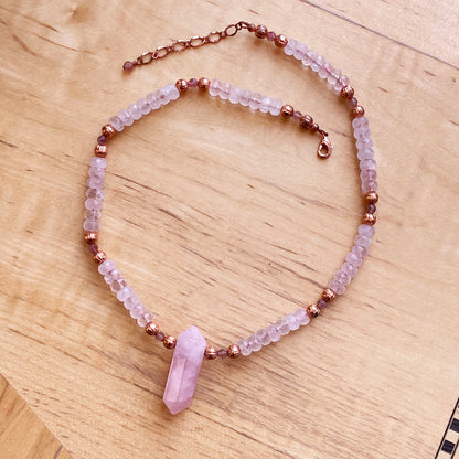 Rose Quartz gemstone and Pink tourmaline large Point Necklace