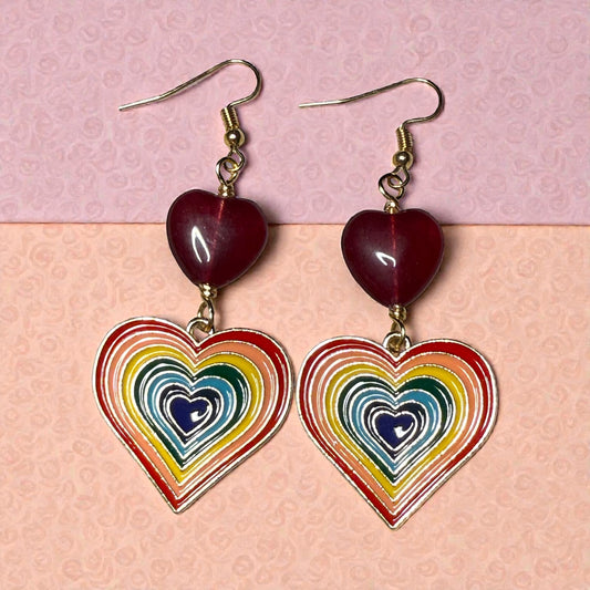 Rainbow Heart and Jade Gemstone Earrings