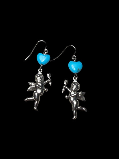 Cupid and Turquoise Heart Dangle Earrings