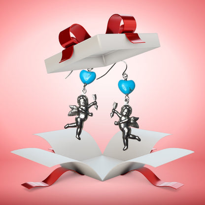 Cupid and Turquoise Heart Dangle Earrings
