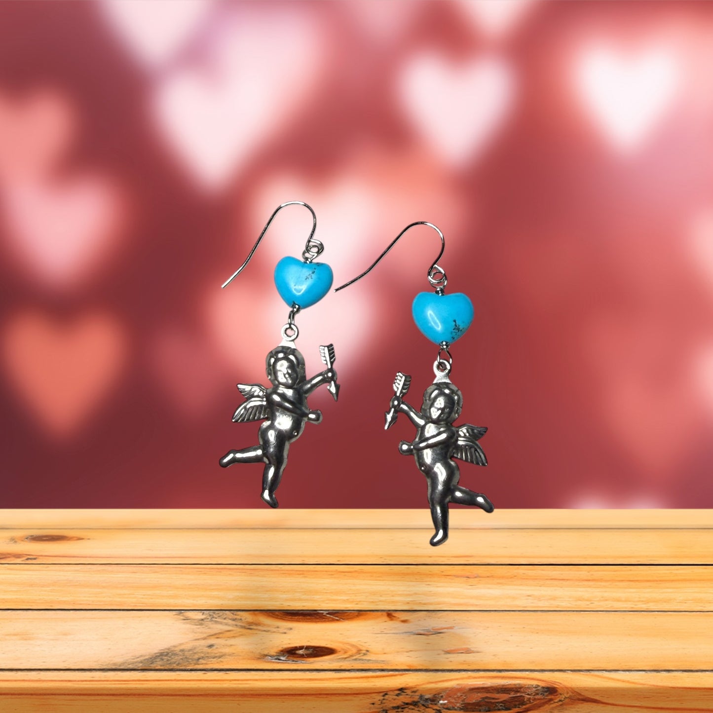 Cupid and Turquoise Heart Dangle Earrings