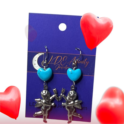 Cupid and Turquoise Heart Dangle Earrings