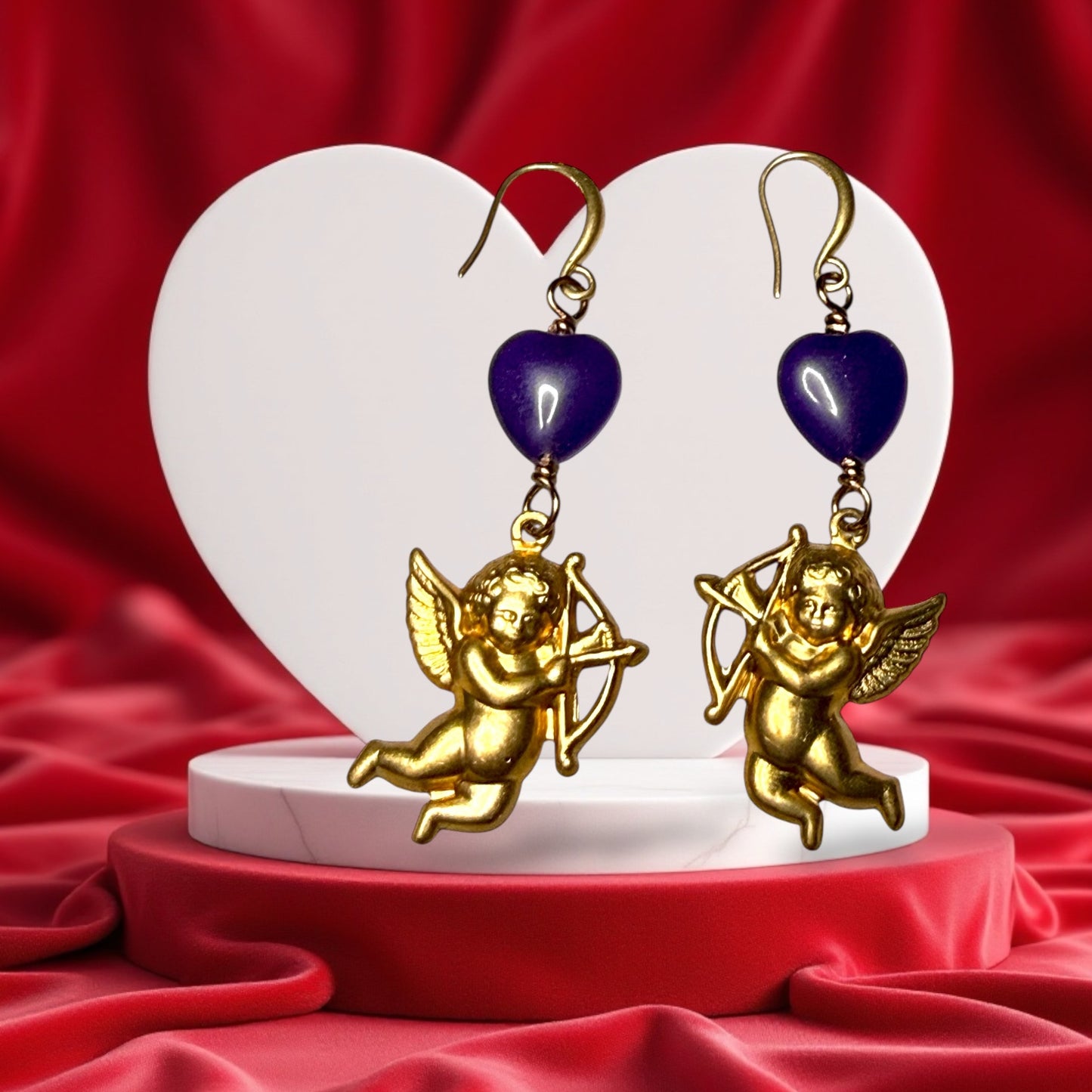 Cupid and Amethyst Heart Dangle Earrings