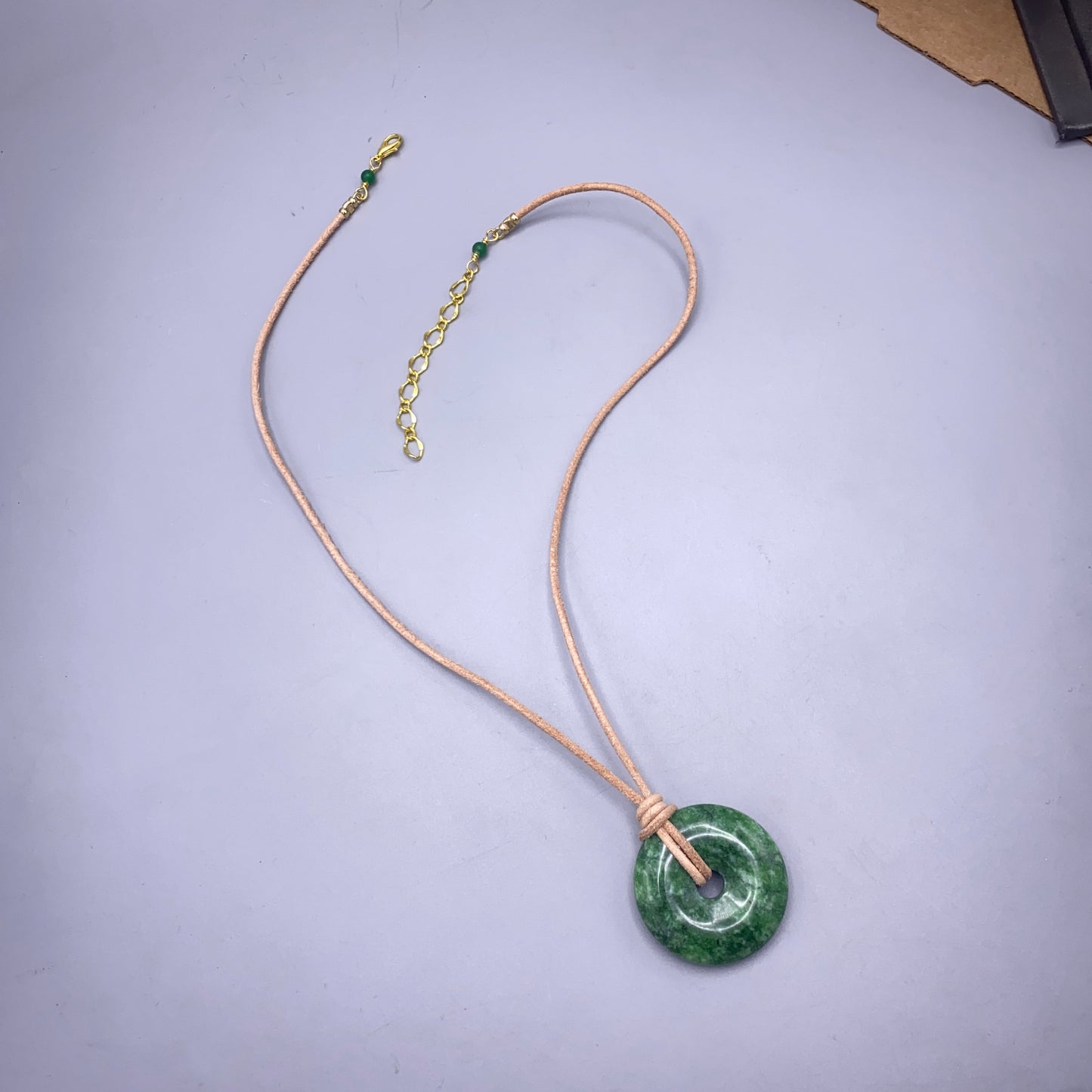 Green Jade Donut Pendant leather necklace