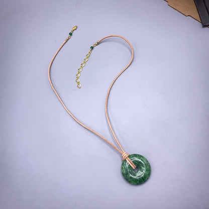 Green Jade Donut Pendant leather necklace
