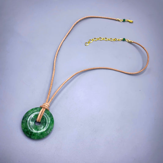 Green Jade Donut Pendant leather necklace