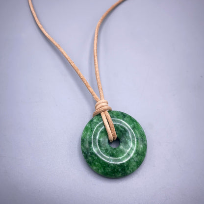 Green Jade Donut Pendant leather necklace