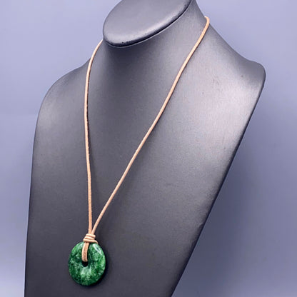 Green Jade Donut Pendant leather necklace