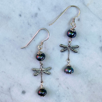 Dragonfly and Pearl Dangle earrings