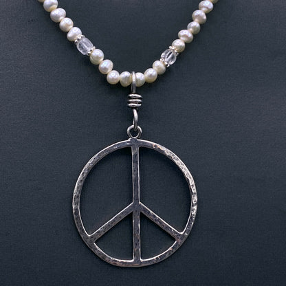 Pearl and Silver Peace Sign Pendant beaded necklace