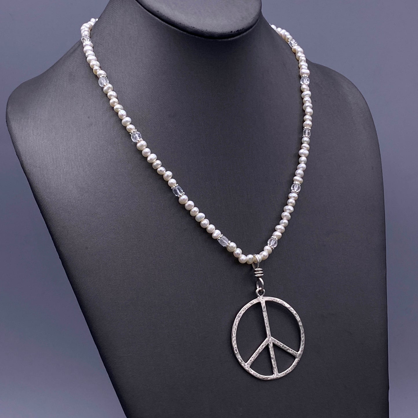 Pearl and Silver Peace Sign Pendant beaded necklace