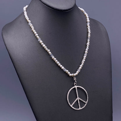 Pearl and Silver Peace Sign Pendant beaded necklace