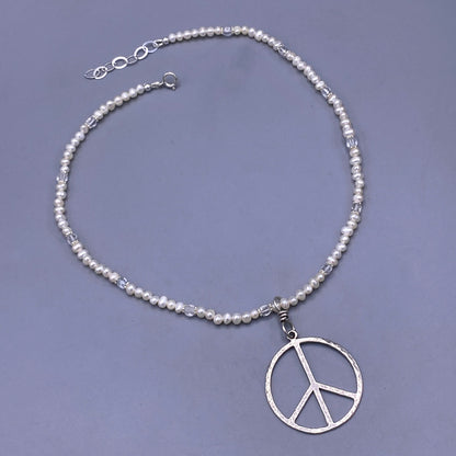 Pearl and Silver Peace Sign Pendant beaded necklace