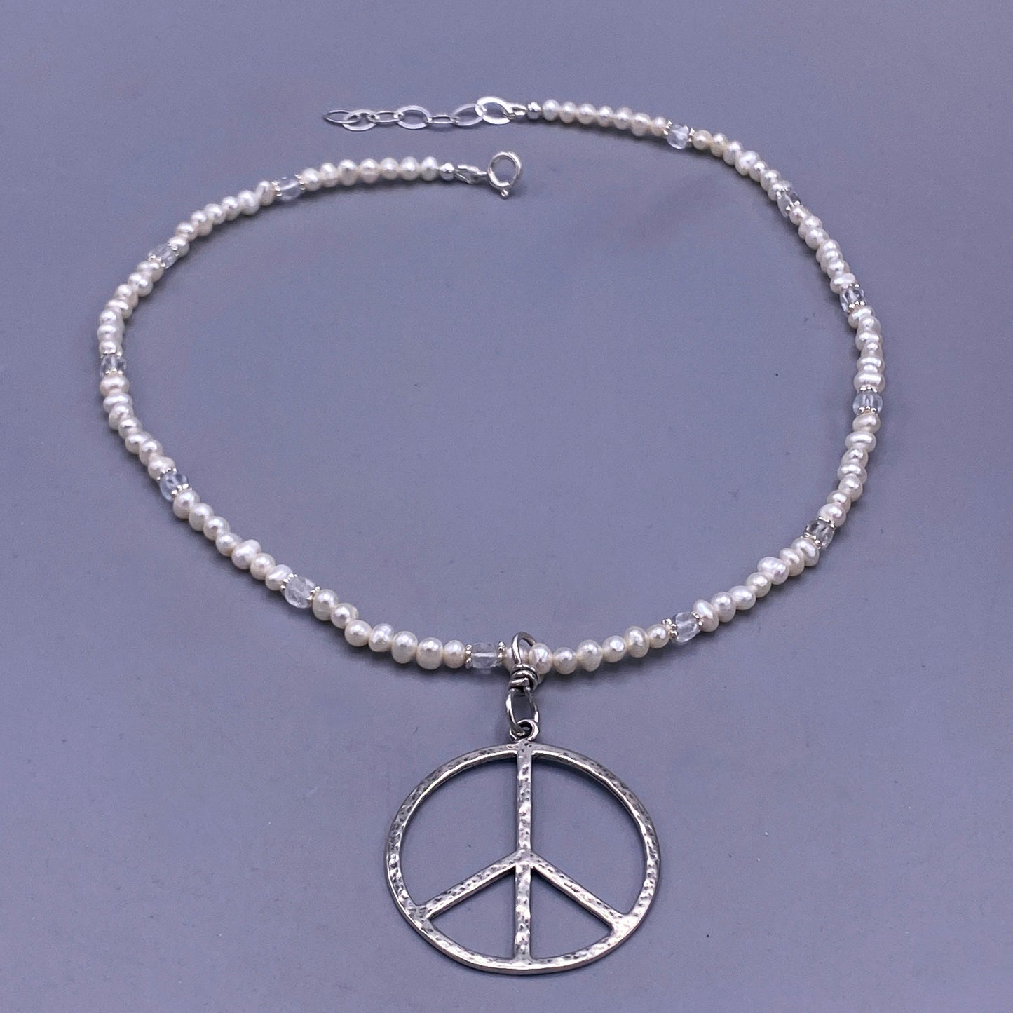 Pearl and Silver Peace Sign Pendant beaded necklace