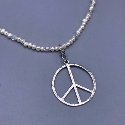 Pearl and Silver Peace Sign Pendant beaded necklace