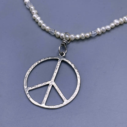 Pearl and Silver Peace Sign Pendant beaded necklace