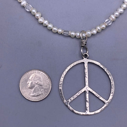 Pearl and Silver Peace Sign Pendant beaded necklace