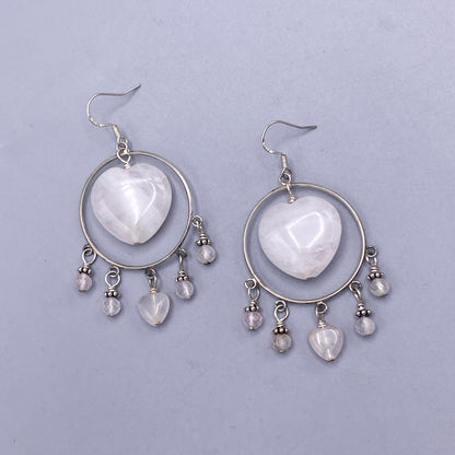 Pale Rose Quartz Heart and Sterling Silver dangle Earrings