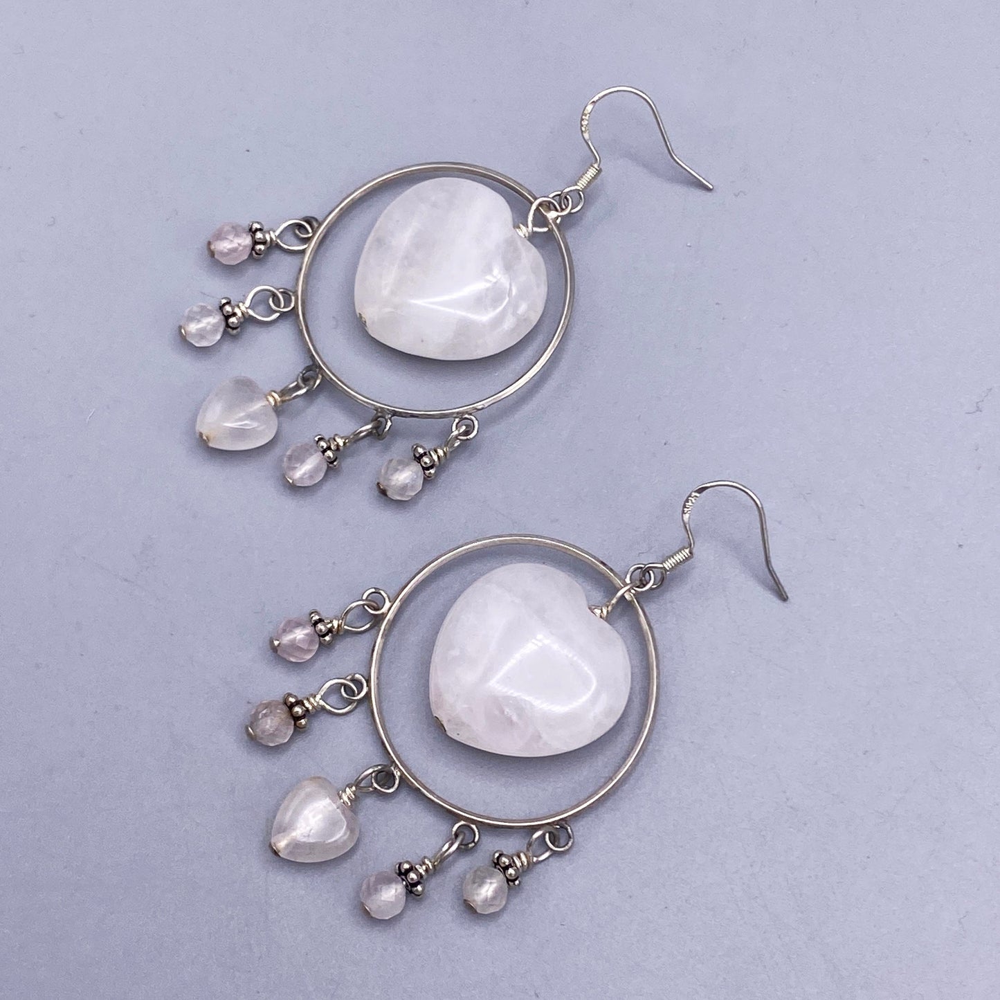 Pale Rose Quartz Heart and Sterling Silver dangle Earrings