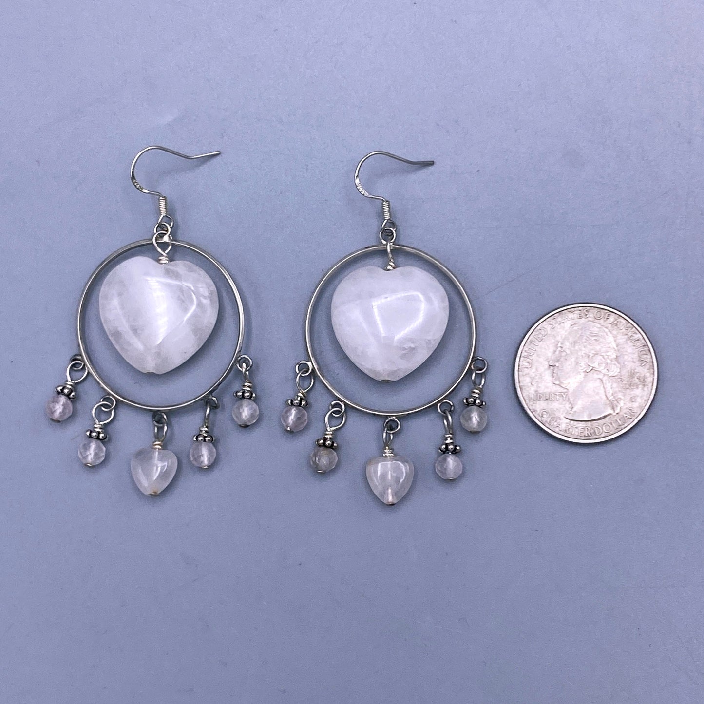 Pale Rose Quartz Heart and Sterling Silver dangle Earrings
