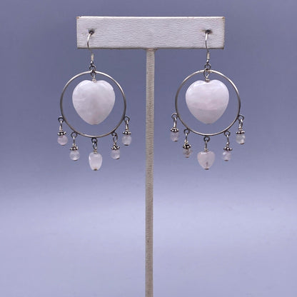 Pale Rose Quartz Heart and Sterling Silver dangle Earrings