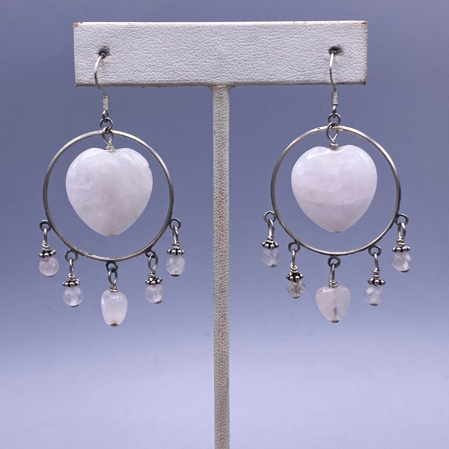 Pale Rose Quartz Heart and Sterling Silver dangle Earrings