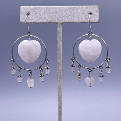 Pale Rose Quartz Heart and Sterling Silver dangle Earrings