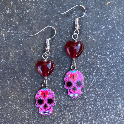 Gemstone with Metal Sugar Skull dangle and drop Earrings