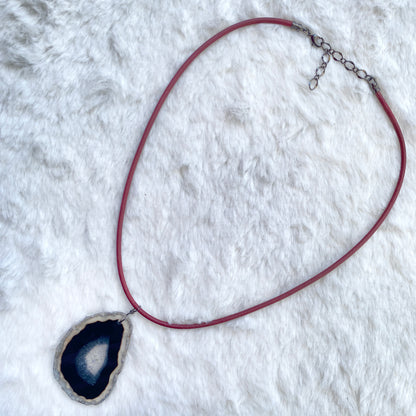 Red leather Necklace with Black Agate Slice pendant