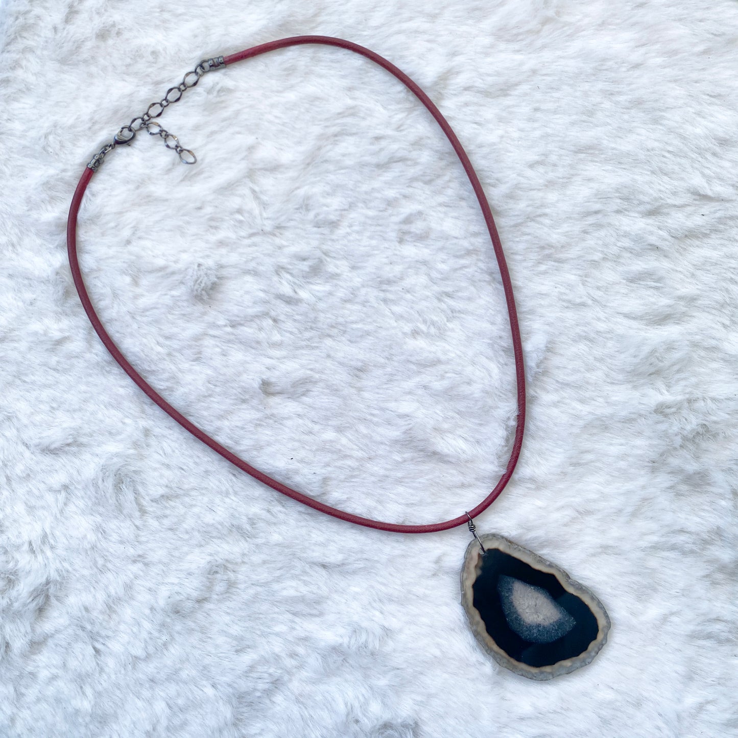 Red leather Necklace with Black Agate Slice pendant