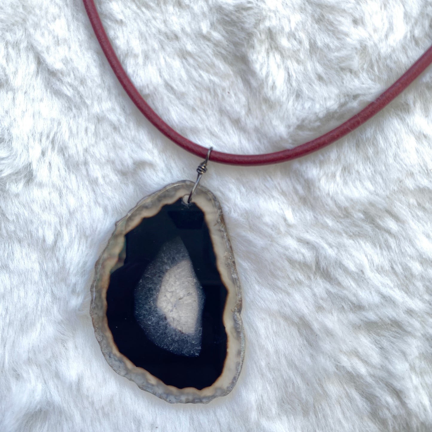 Red leather Necklace with Black Agate Slice pendant