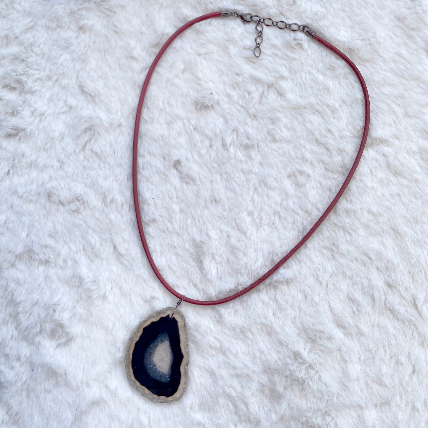 Red leather Necklace with Black Agate Slice pendant