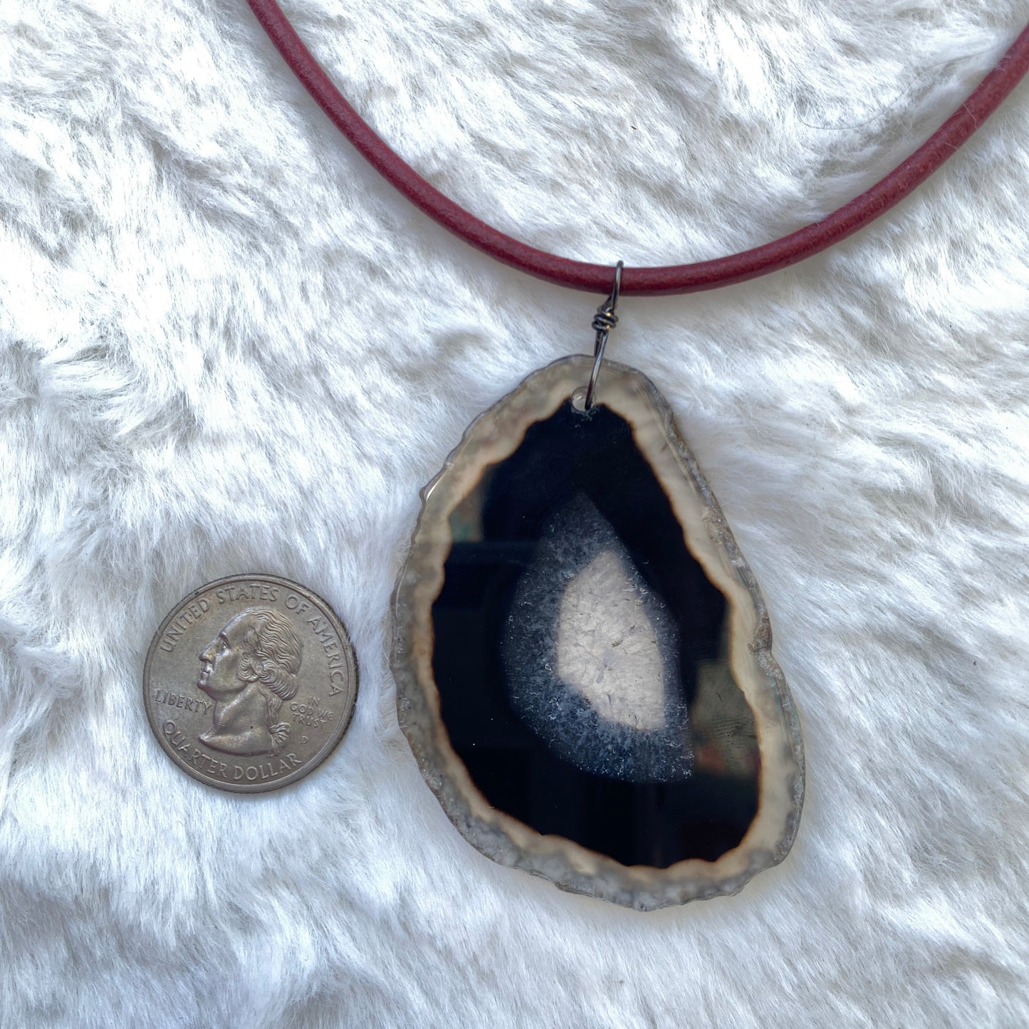 Red leather Necklace with Black Agate Slice pendant