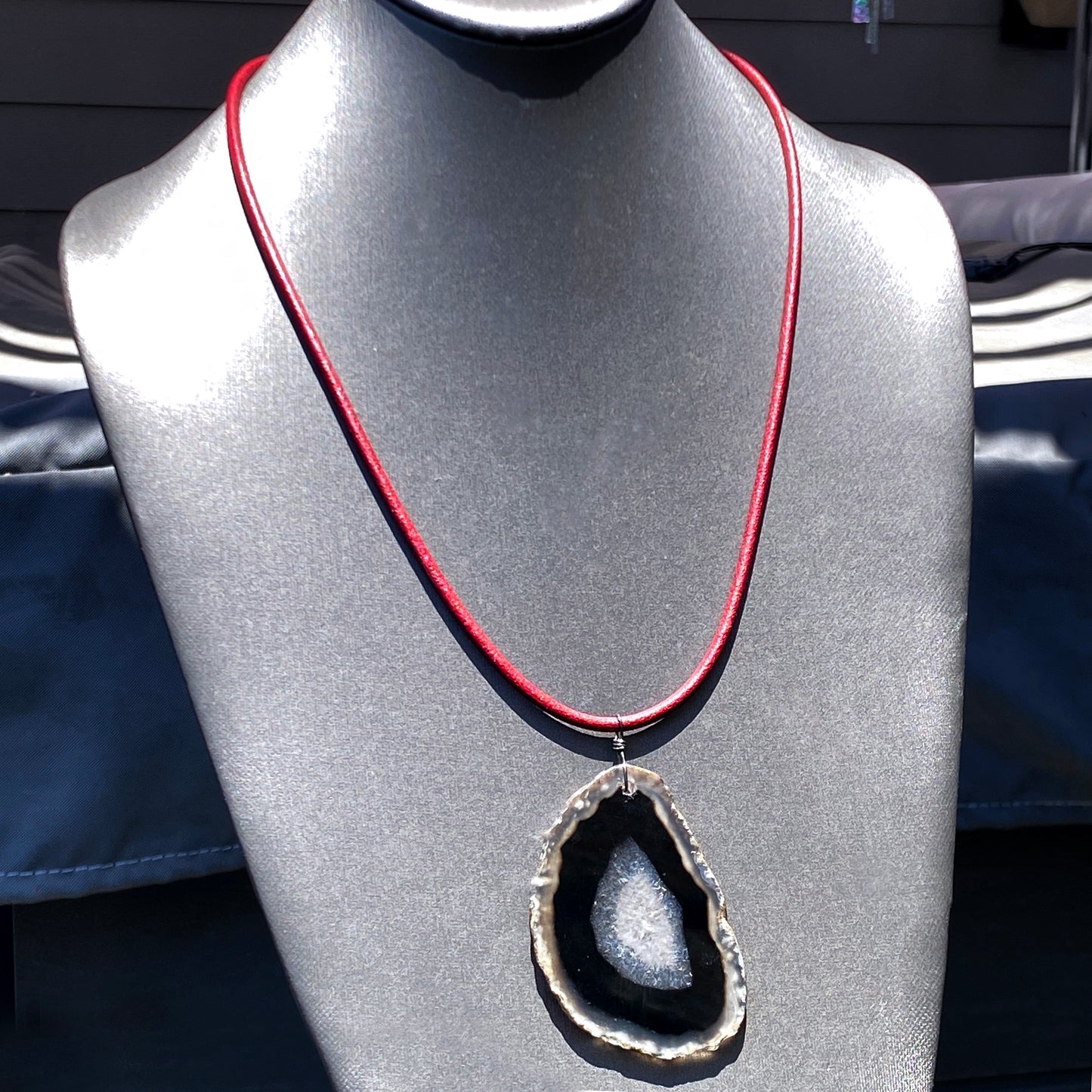 Red leather Necklace with Black Agate Slice pendant