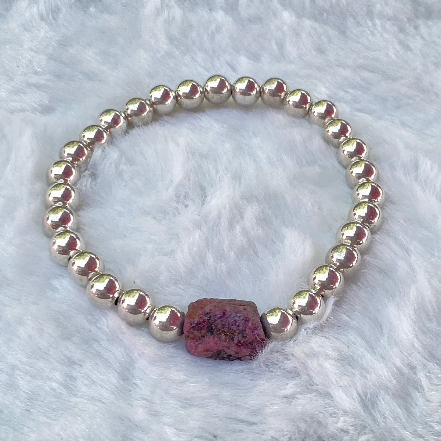 Ruby Gemstone with Vintage Sterling Silver bead stretch bracelet