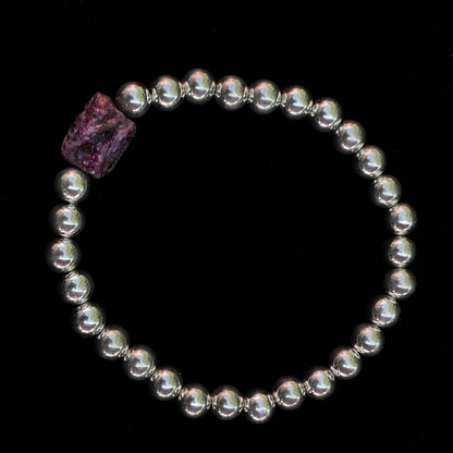 Ruby Gemstone with Vintage Sterling Silver bead stretch bracelet