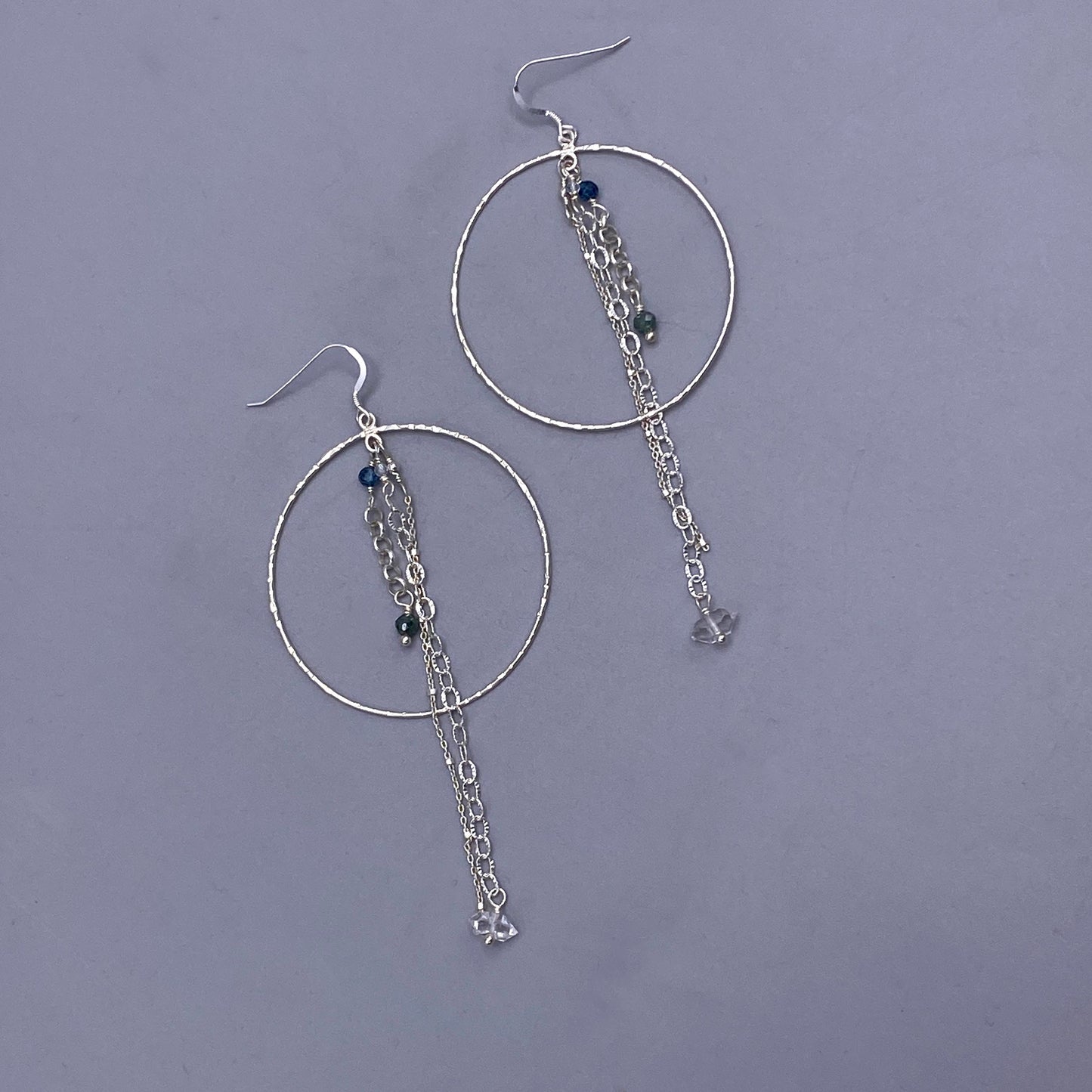 Silver Hoop Dangle Crystal Gemstone Earrings