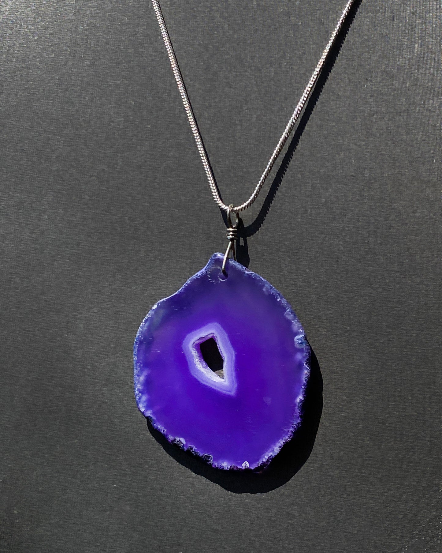 Sterling Silver chain with a Purple Agate slice pendant