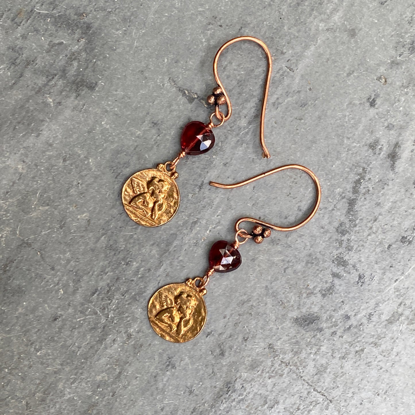Garnet Gemstone hearts with Copper Circle with Cupid Imprint Dangle earrings