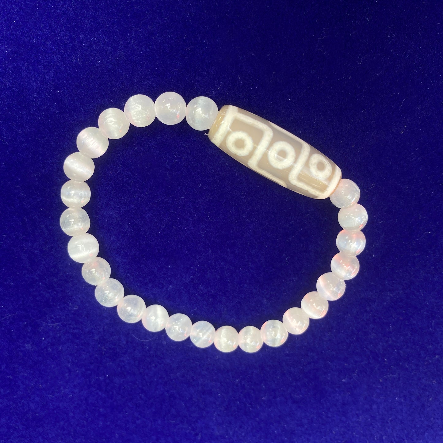 Selenite and Tibetan Agate Gemstone stretch bracelet