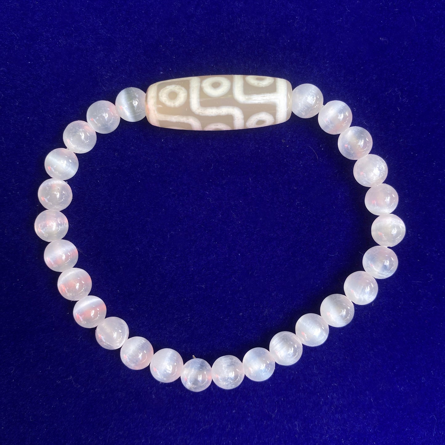 Selenite and Tibetan Agate Gemstone stretch bracelet