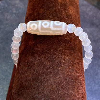 Selenite and Tibetan Agate Gemstone stretch bracelet