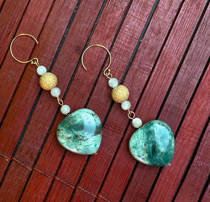 Green Jasper Heart Earrings with Moonstones