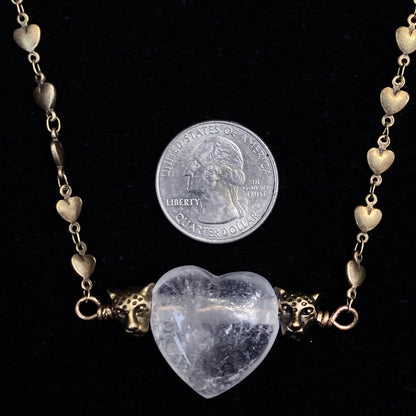 Quartz Heart Brass Leopard Necklace